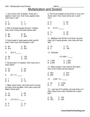 Third Grade Multiplication and Division Test Practice Worksheet