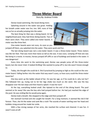 Three Meter Board Reading Comprehension Worksheet