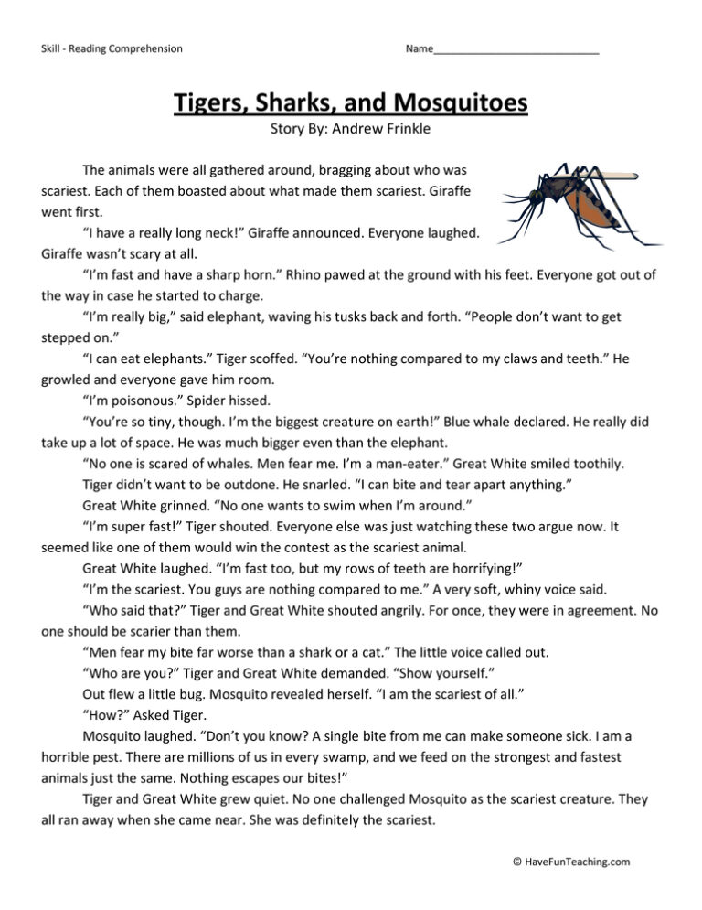 Tigers, Sharks, and Mosquitoes Reading Comprehension Worksheet