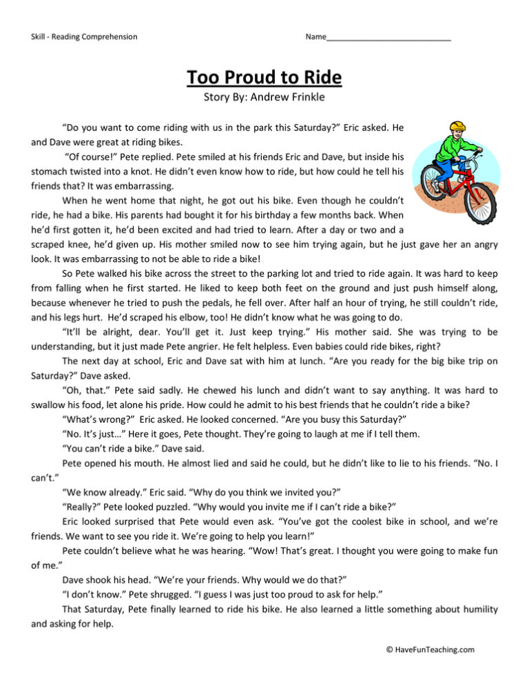 Too Proud To Ride Reading Comprehension Worksheet