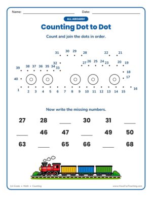1st Grade counting dot to dot worksheet with a train picture