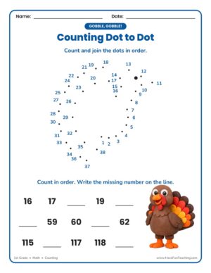 1st Grade counting dot to dot worksheet with a turkey