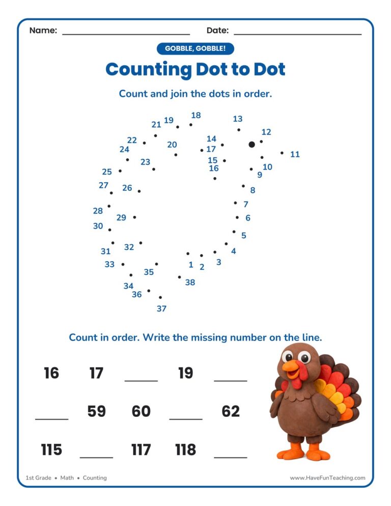 Turkey Dot to Dot Worksheet