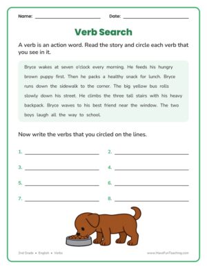 2nd grade verbs worksheet on finding action verbs in a story