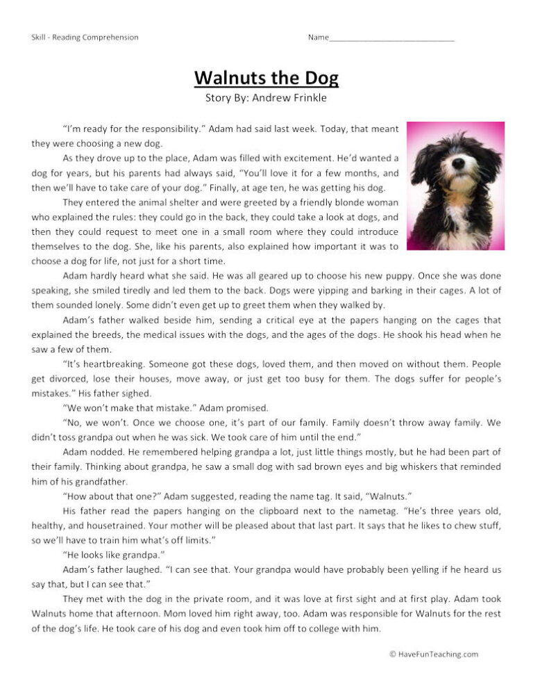 Walnuts the Dog Reading Comprehension Worksheet