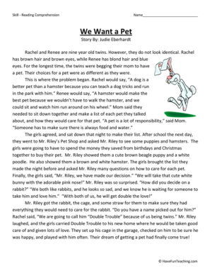 We Want a Pet Reading Comprehension Worksheet