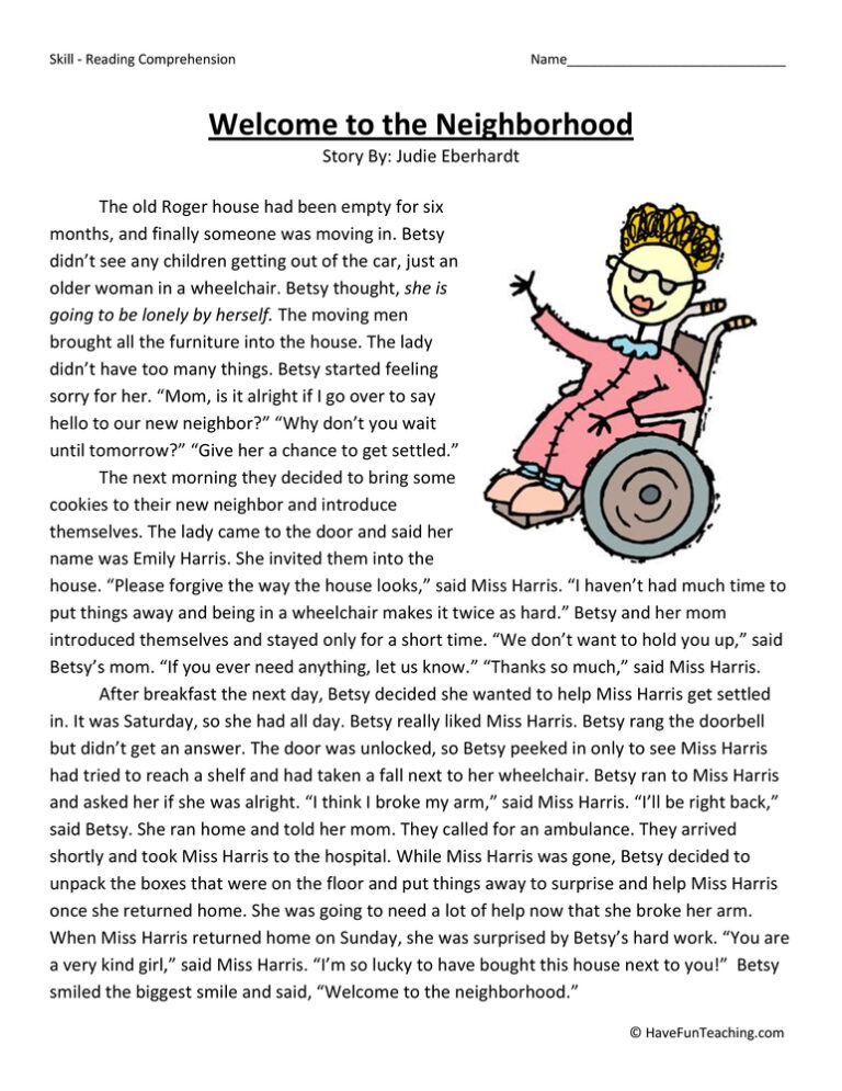 Welcome to the Neighborhood Reading Comprehension Worksheet