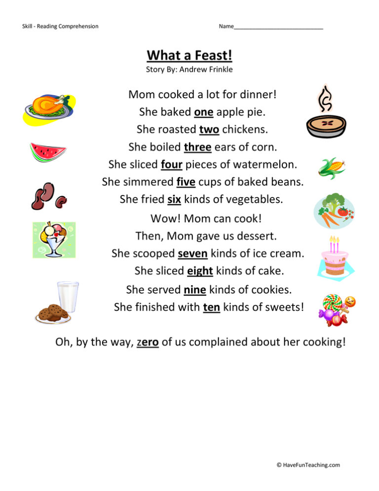 What a Feast Reading Comprehension Worksheet