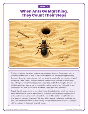4th grade reading comprehension worksheet about desert ants that count their steps