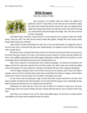 Wild Grapes Reading Comprehension Worksheet