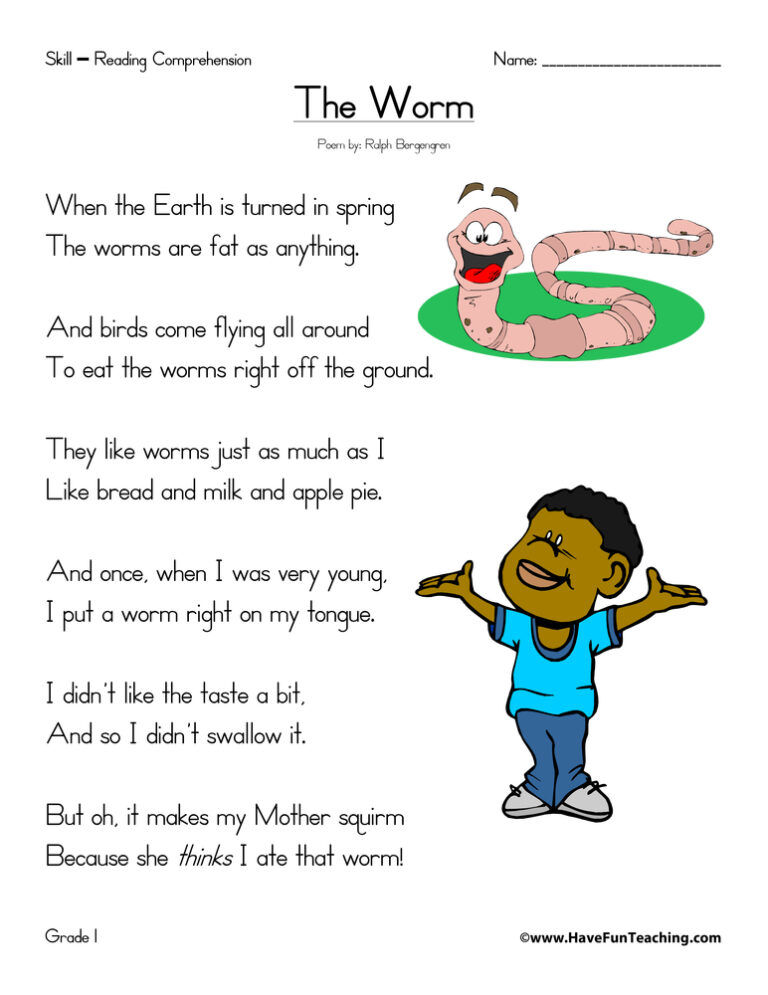 Worm Poem Reading Comprehension Worksheet