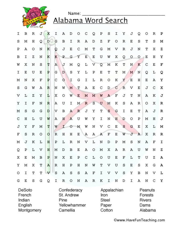 Alabama Word Search Worksheet