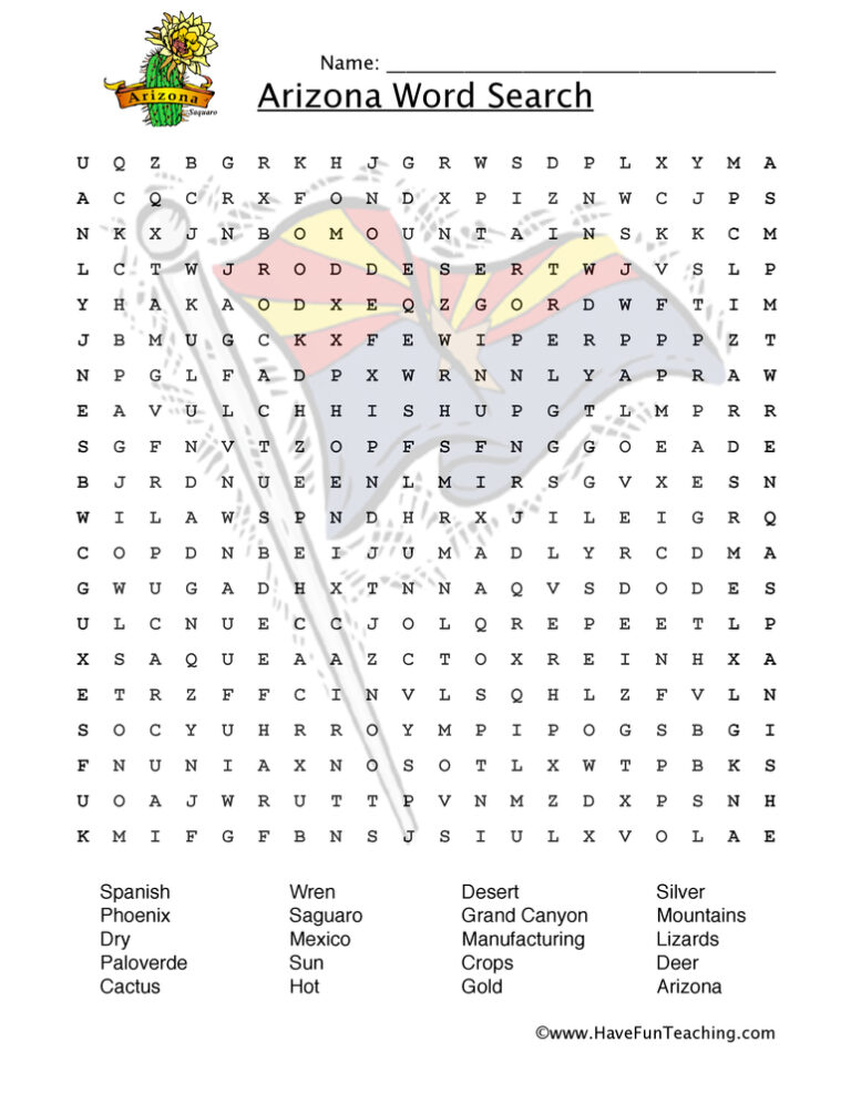 Arizona Word Search Worksheet