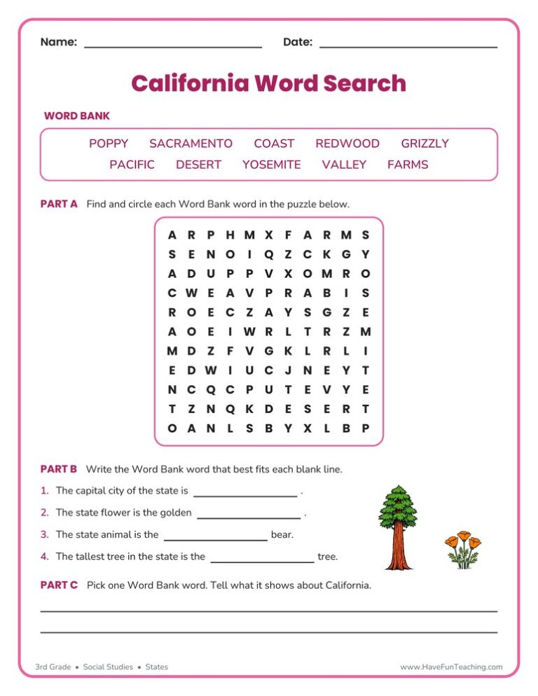 California Word Search Worksheet
