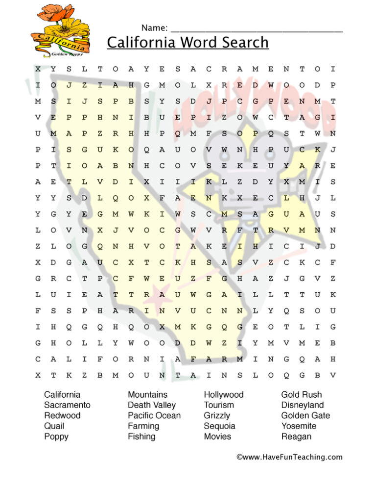 California Word Search Worksheet