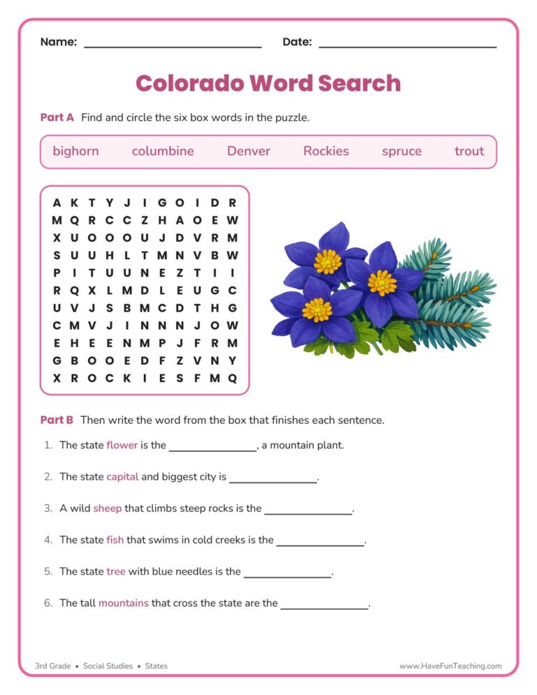 Colorado Word Search Worksheet