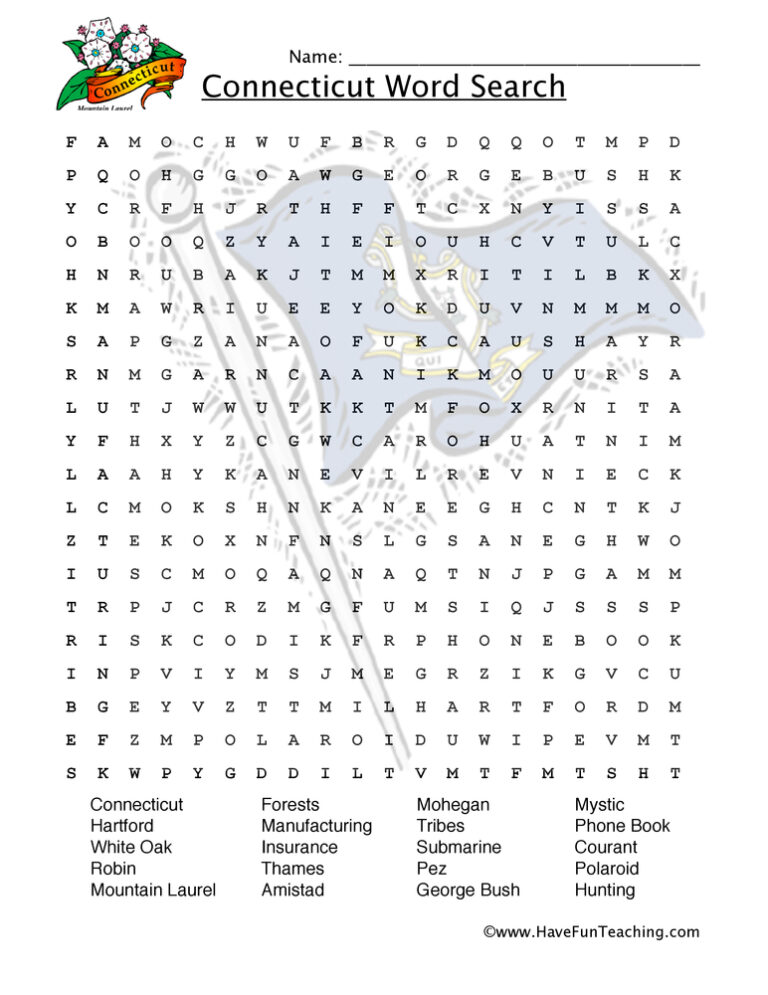Connecticut Word Search Worksheet