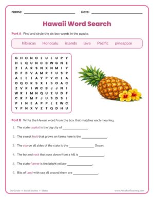 3rd Grade Hawaii Word Search Worksheet for states in social studies