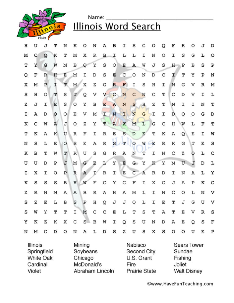 Illinois Word Search Worksheet