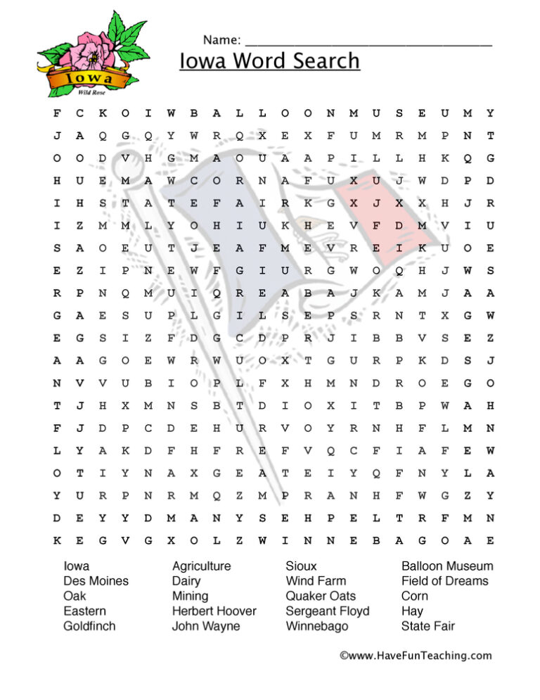 Iowa Word Search Worksheet