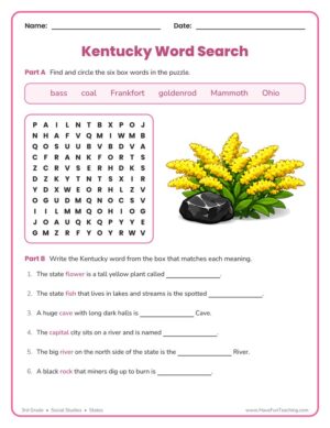 3rd Grade Kentucky state word search and clue worksheet