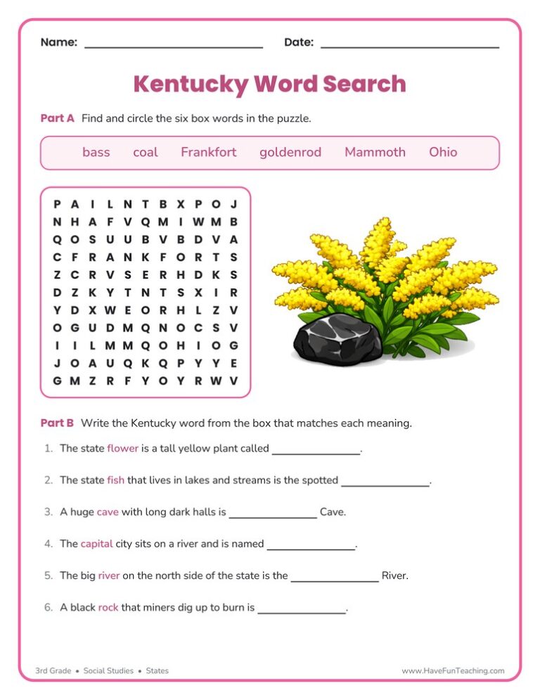 Kentucky Word Search Worksheet