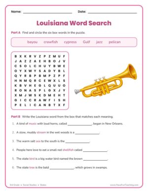 3rd grade Louisiana word search worksheet with state fact fill-in sentences