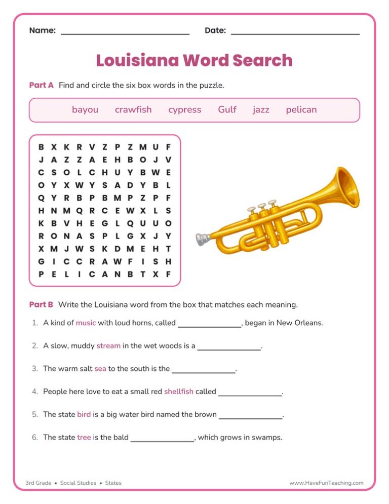 Louisiana Word Search Worksheet