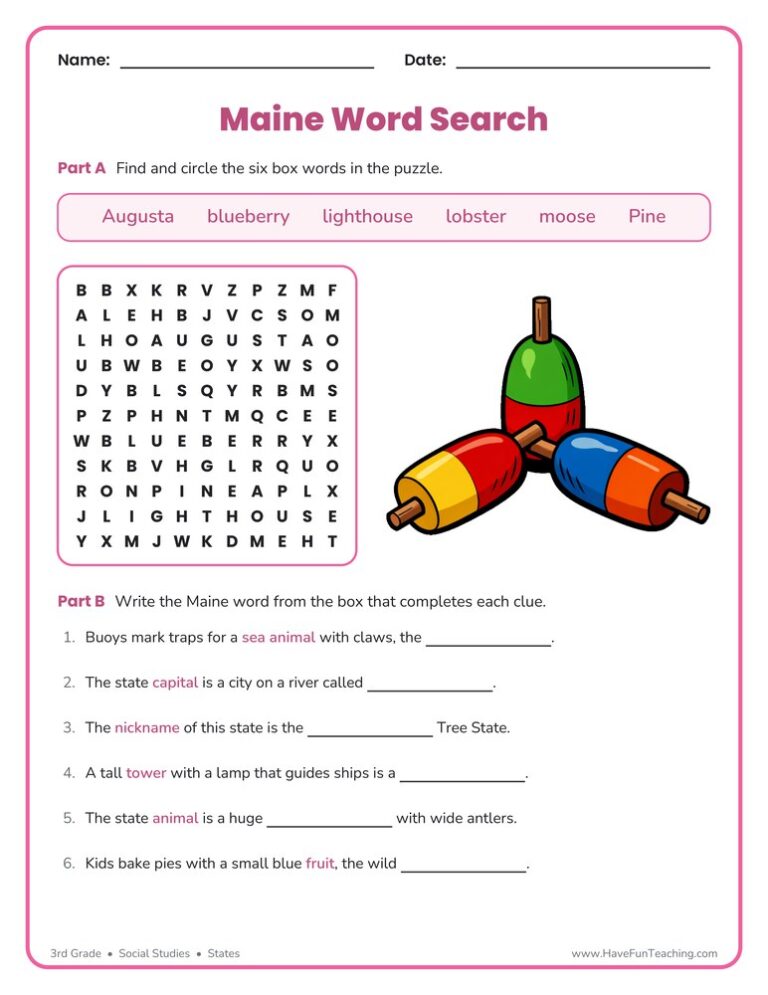 Maine Word Search Worksheet