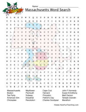 Massachusetts Word Search Worksheet