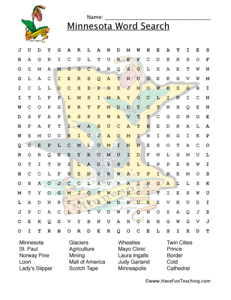 Minnesota Word Search Worksheet