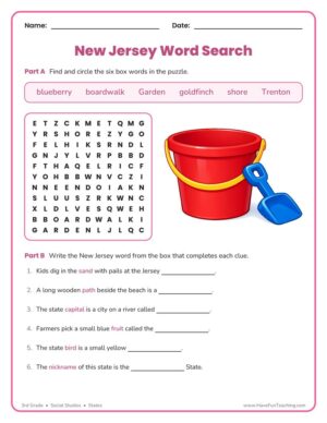 3rd grade New Jersey word search worksheet with state fact clues