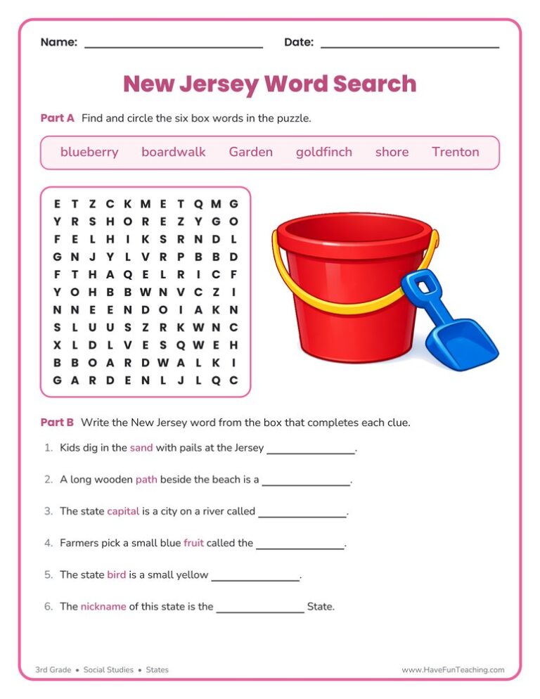 New Jersey Word Search Worksheet
