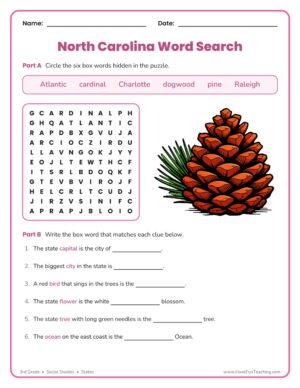 3rd grade North Carolina word search worksheet with six state words and write-the-word clues