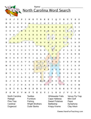 North Carolina Word Search Worksheet