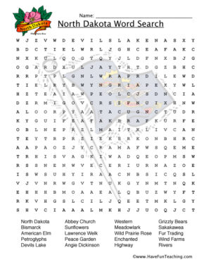 North Dakota Word Search Worksheet