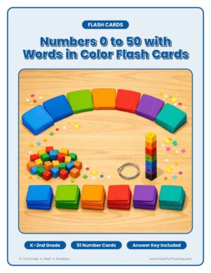kindergarten to 2nd grade numbers 0 to 50 with words in color flash cards cover