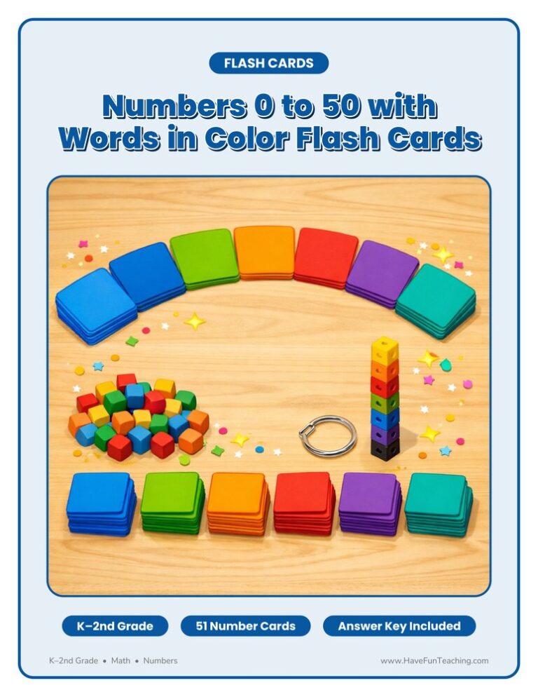 Numbers 0 to 50 with Words in Color Flash Cards