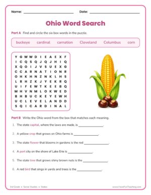 3rd Grade Ohio word search worksheet with a six-word word bank and write-the-word clues