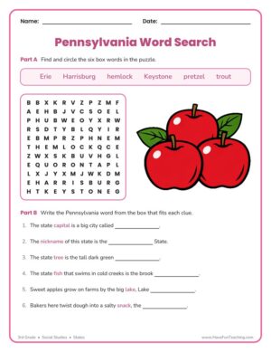3rd Grade Pennsylvania word search worksheet with six state words and clues