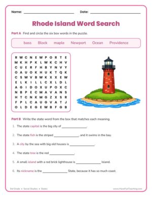 3rd grade Rhode Island word search states worksheet
