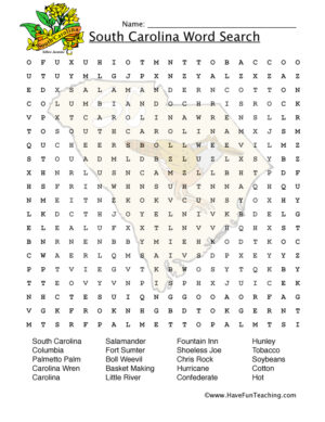 South Carolina Word Search Worksheet
