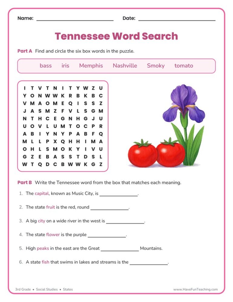 Tennessee Word Search Worksheet