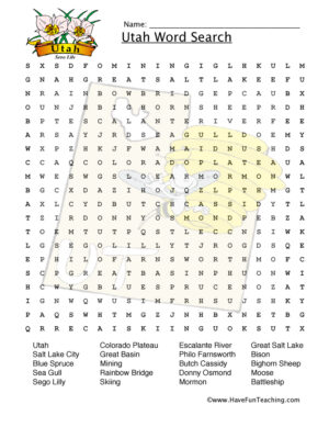 Utah Word Search Worksheet