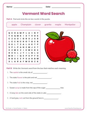 3rd Grade Vermont word search worksheet - find state words and complete fact clues
