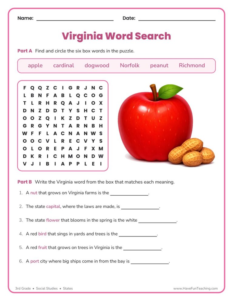 Virginia Word Search Worksheet