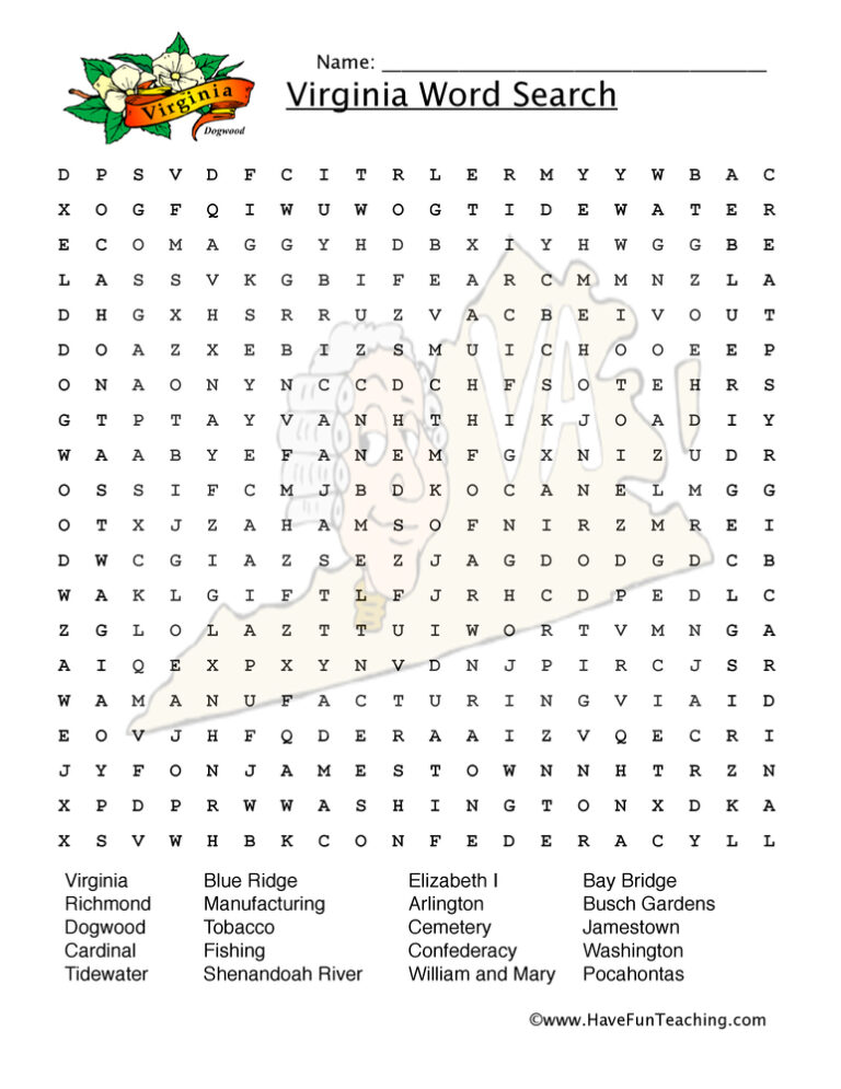 Virginia Word Search Worksheet