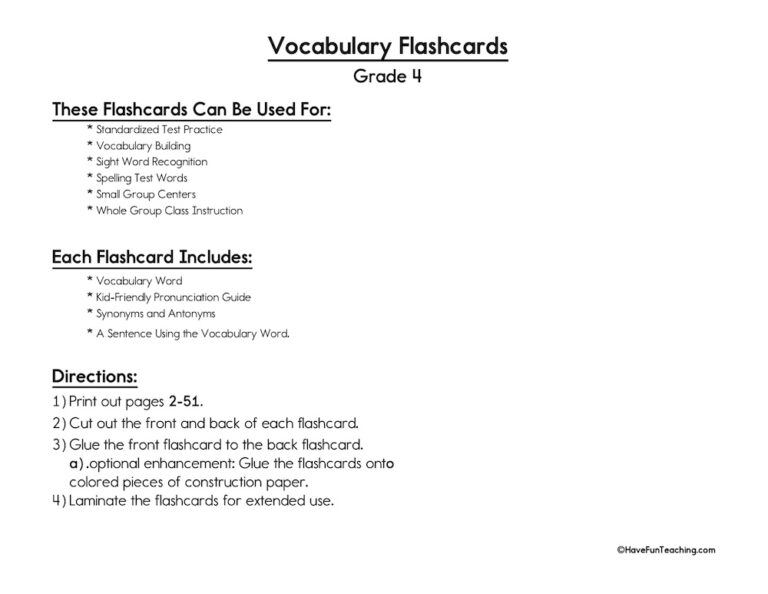 Fourth Grade Vocabulary Flash Cards