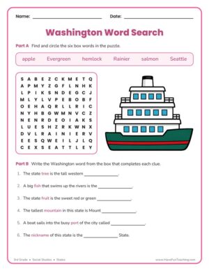 3rd grade Washington word search worksheet with state fact clues