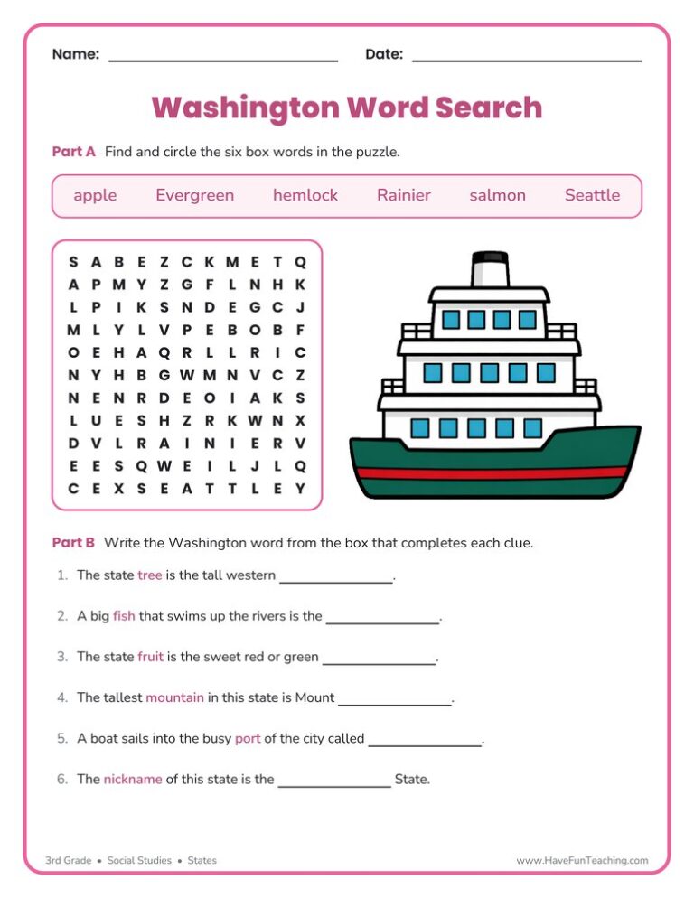 Washington Word Search Worksheet